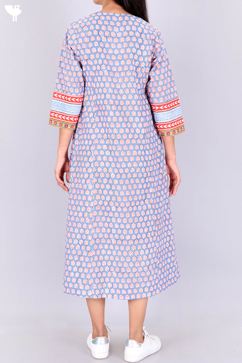 Cambric Cotton Midi Dress In Floral Block Print